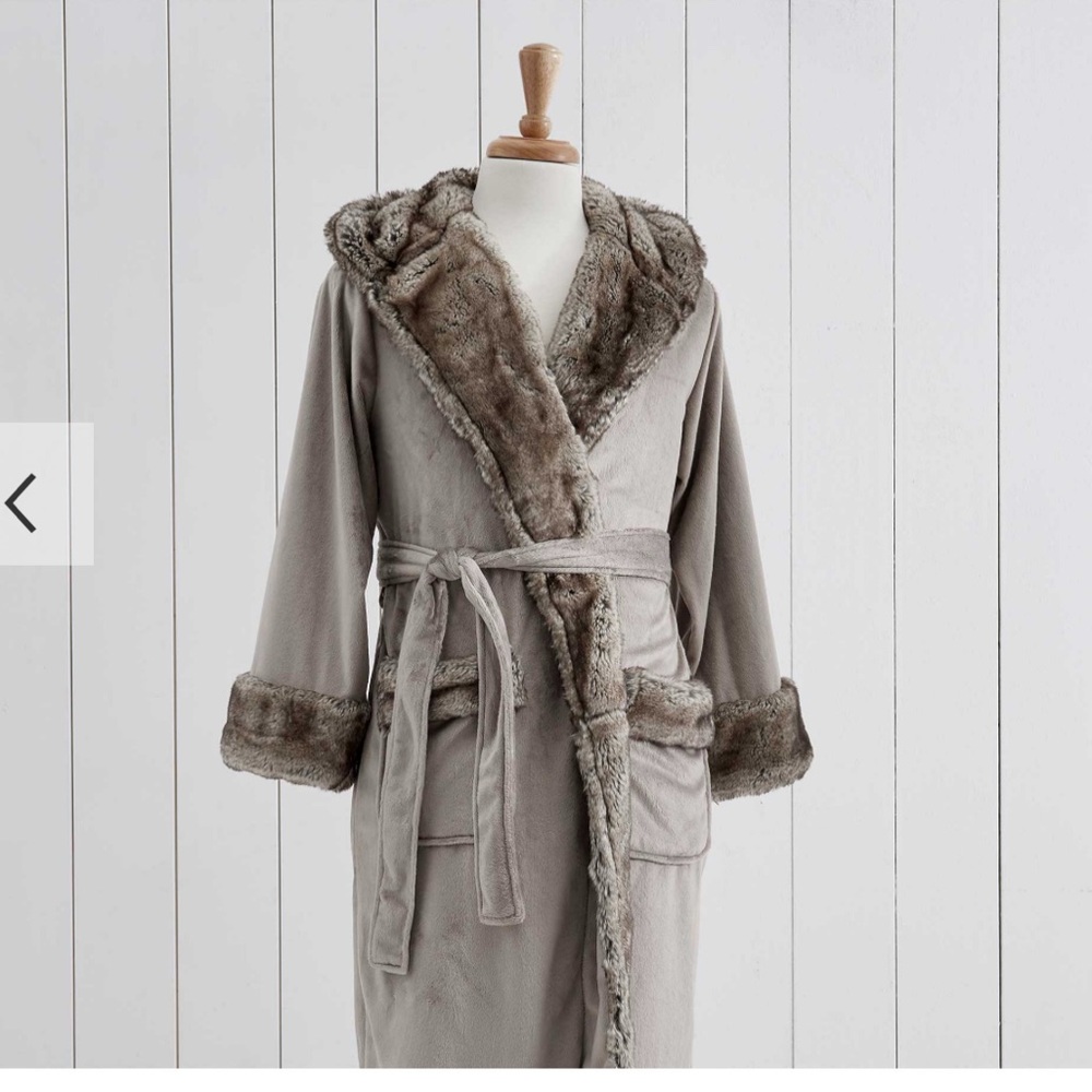 Pottery Barn Gray Faux Fur Trimmed robe
